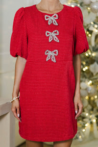 Cheers To You Red Bow Detail Tweed Dress