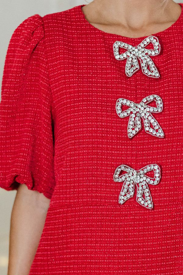 Cheers To You Red Bow Detail Tweed Dress