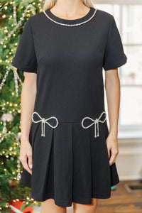 The Frosted Night Black Rhinestone Bow Pleated Dress
