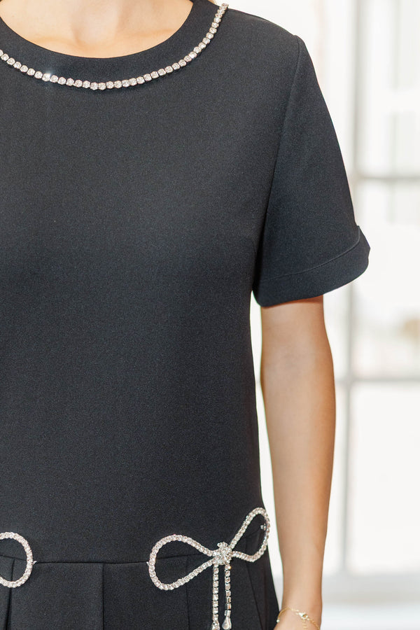 The Frosted Night Black Rhinestone Bow Pleated Dress