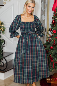 All I Want Navy Tartan Plaid Midi Dress