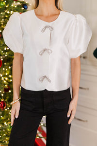 Add My Sparkle Ivory Puff Sleeve Embellished Blazer Shirt