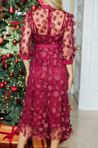 Cheers to Chic Burgundy Flower Applique Midi Dress
