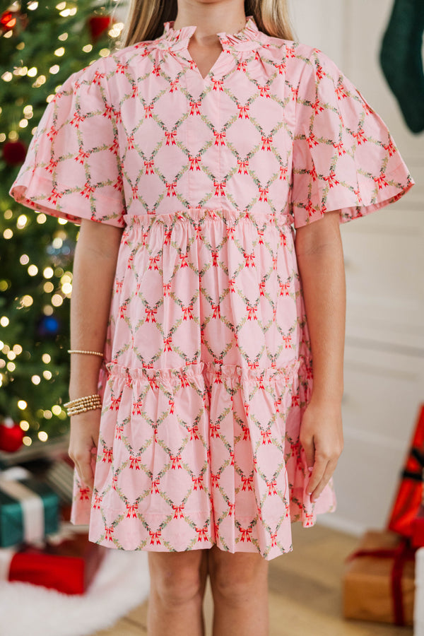 Girls: The Stephanie Pink Bow Print Dress