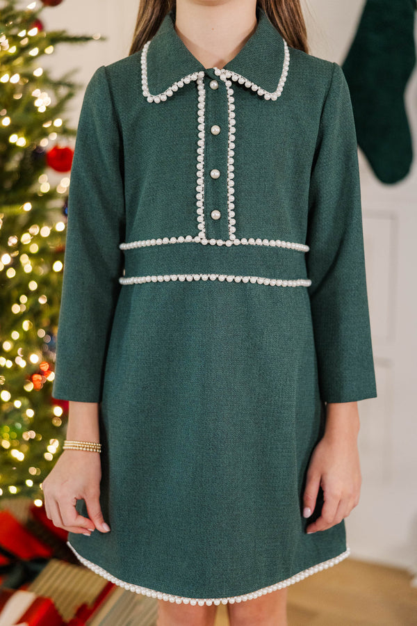 Girls: The Kindness Emerald Pearl Embellished Button Down Dress