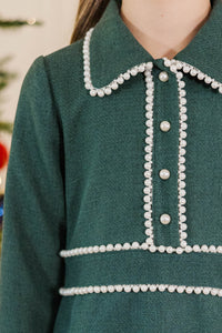 Girls: The Kindness Emerald Pearl Embellished Button Down Dress
