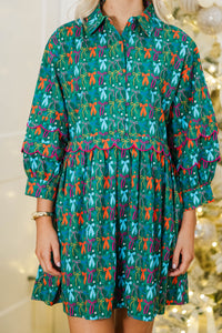 Dreaming Of Snow Green Bow Print Babydoll Dress