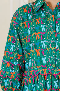 Dreaming Of Snow Green Bow Print Babydoll Dress