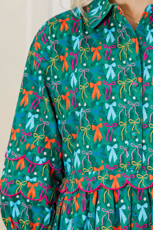 Dreaming Of Snow Green Bow Print Babydoll Dress