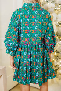 Dreaming Of Snow Green Bow Print Babydoll Dress