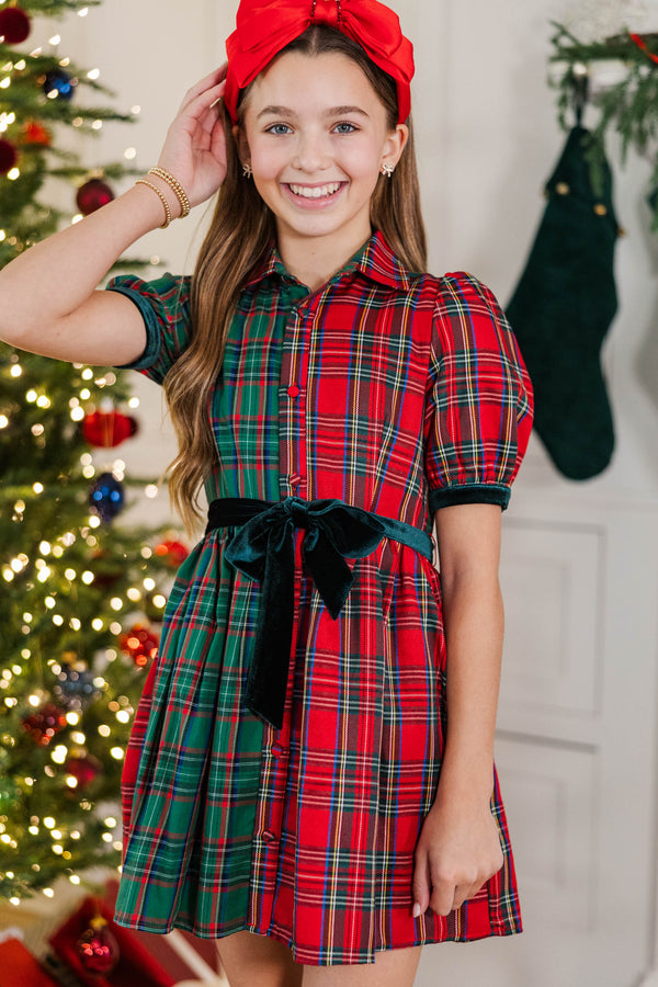 Girls: Feeling Festive Red Two Toned Plaid Dress