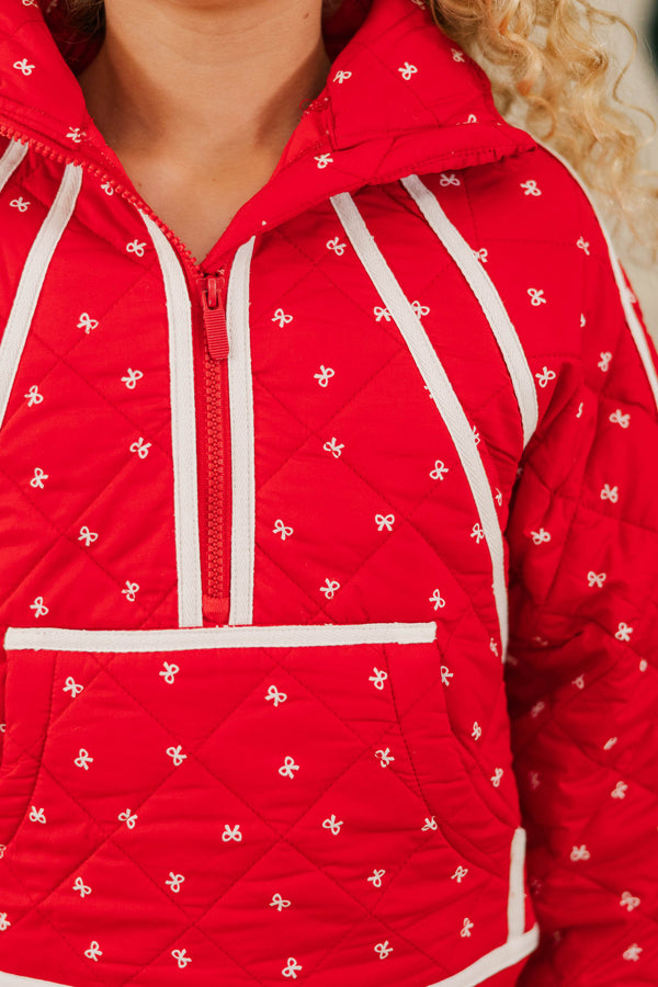 Girls: Always Direct Red Bow Print Quilted Pullover