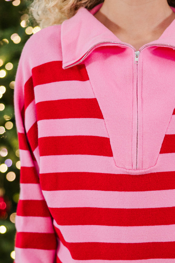 Girls: The Aria Red and Pink Striped Sweater