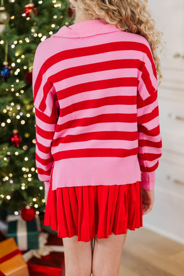 Girls: The Aria Red and Pink Striped Sweater