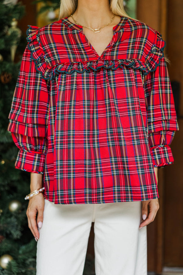 On Break Red Tartan Plaid Blouse