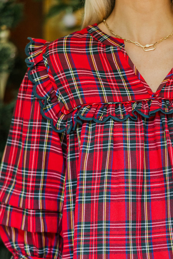 On Break Red Tartan Plaid Blouse