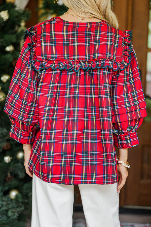 On Break Red Tartan Plaid Blouse