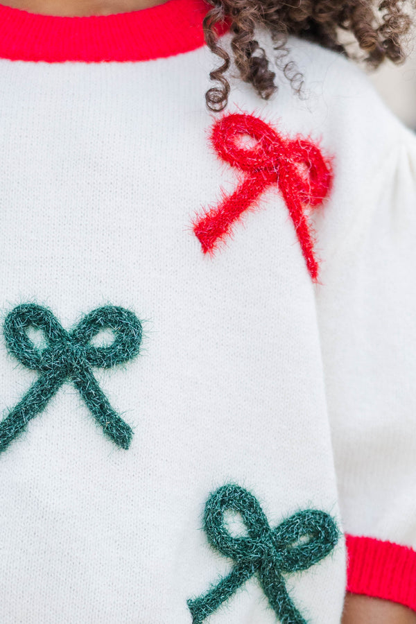 Girls: Happy To Be Here Cream Bow Sweater