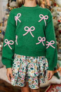 Girls: The Alyson Emerald And Pink Bow Sweater