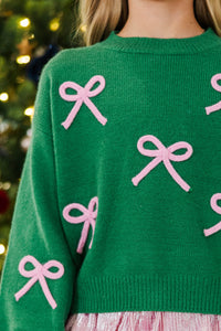 Girls: The Alyson Emerald And Pink Bow Sweater