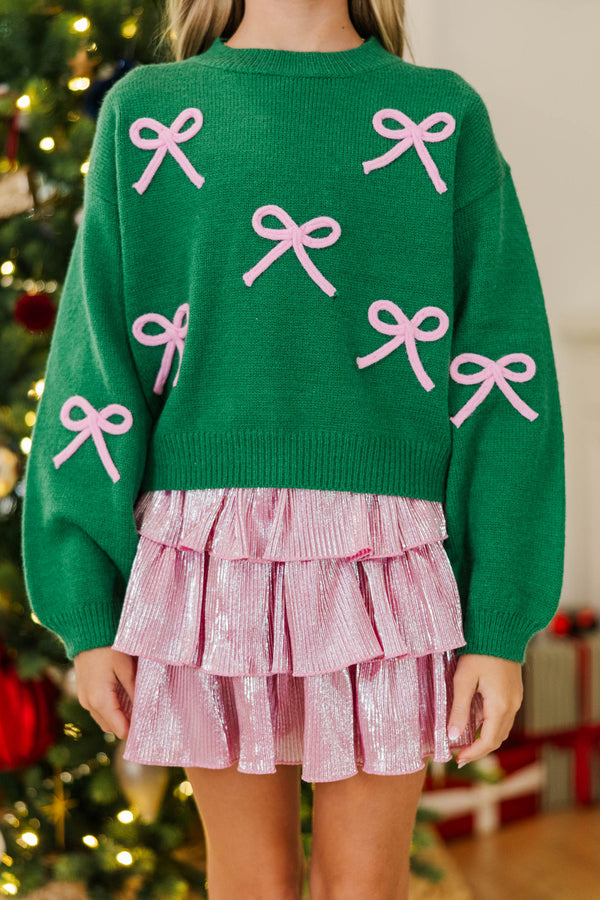 Girls: The Alyson Emerald And Pink Bow Sweater