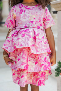 Girls: Sparkle This Season Fuschia Brocade Babydoll Dress