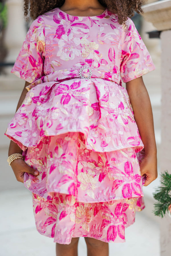 Girls: Sparkle This Season Fuschia Brocade Babydoll Dress