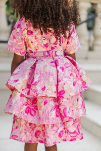 Girls: Sparkle This Season Fuschia Brocade Babydoll Dress