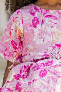 Girls: Sparkle This Season Fuschia Brocade Babydoll Dress