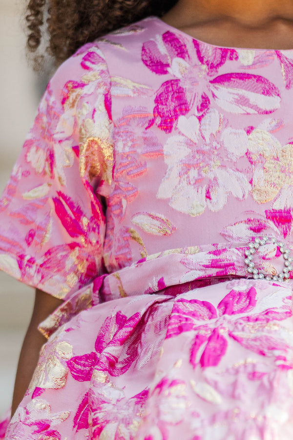 Girls: Sparkle This Season Fuschia Brocade Babydoll Dress