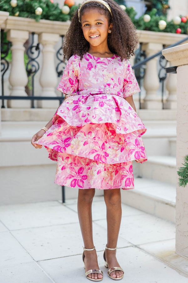 Girls: Sparkle This Season Fuschia Brocade Babydoll Dress