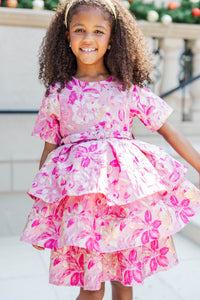 Girls: Sparkle This Season Fuschia Brocade Babydoll Dress