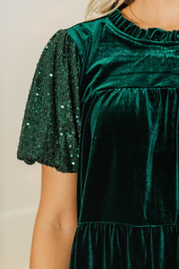 Little Miracles Emerald Velvet Tiered Dress
