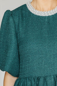 Cherished Moments Emerald Tweed Babydoll Dress