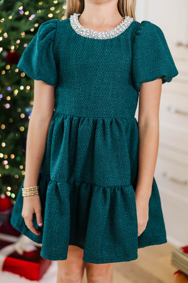Girls: Cherished Moments Emerald Tweed Babydoll Dress