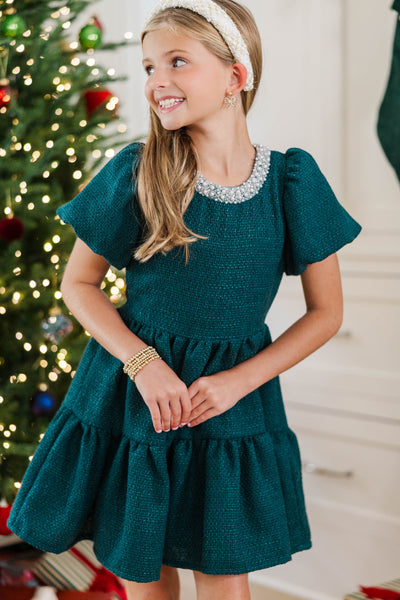 Girls: Cherished Moments Emerald Tweed Babydoll Dress – Shop the Mint