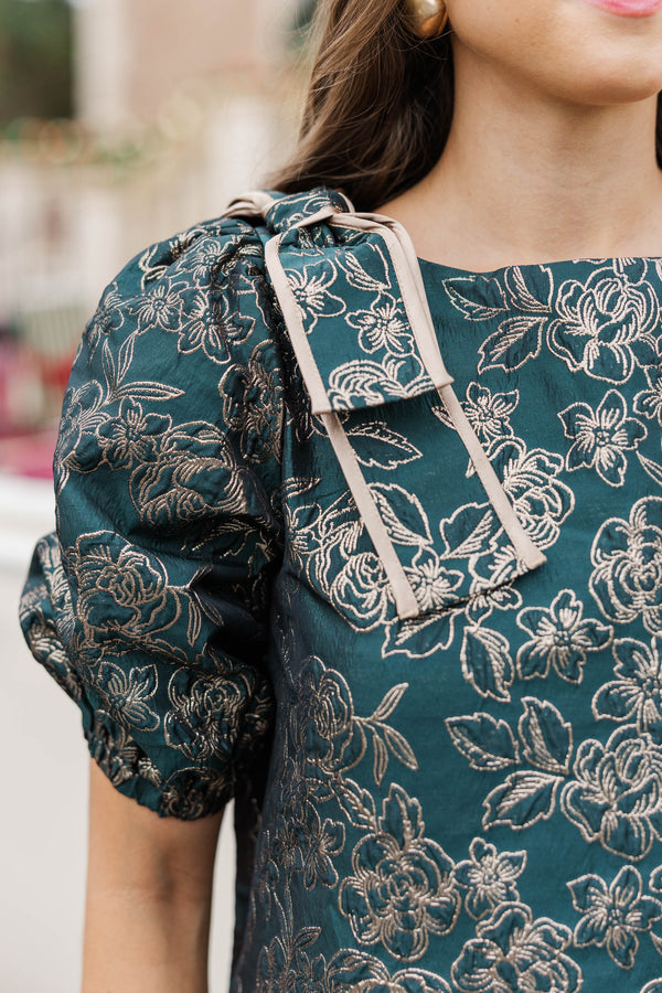 At The Sunrise Emerald Shimmer Brocade Dress