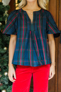 Just A Theory Navy Plaid Blouse