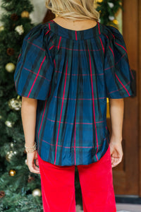Just A Theory Navy Plaid Blouse