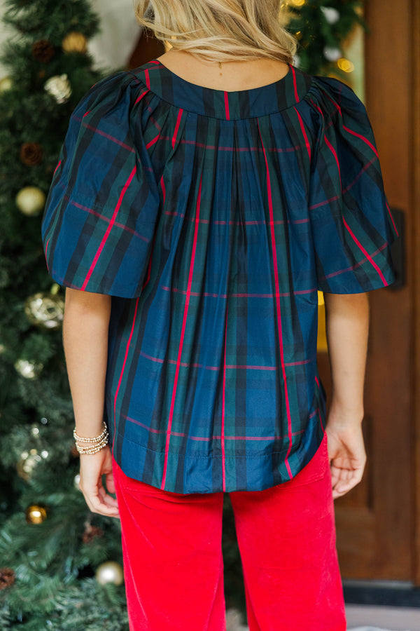 Just A Theory Navy Plaid Blouse