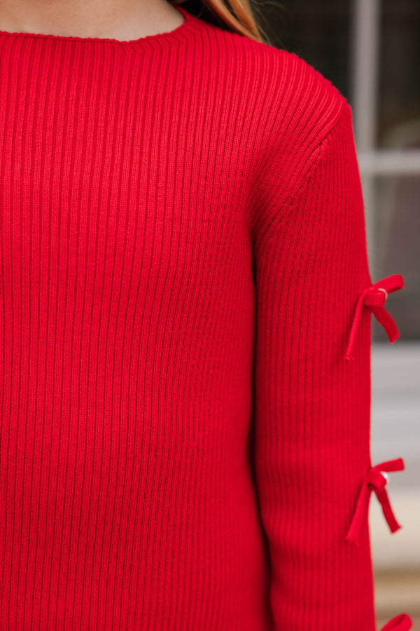 Girls: All Dolled Up Red Pearl Bow Sweater