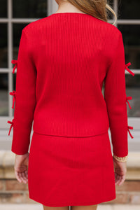 Girls: All Dolled Up Red Pearl Bow Sweater