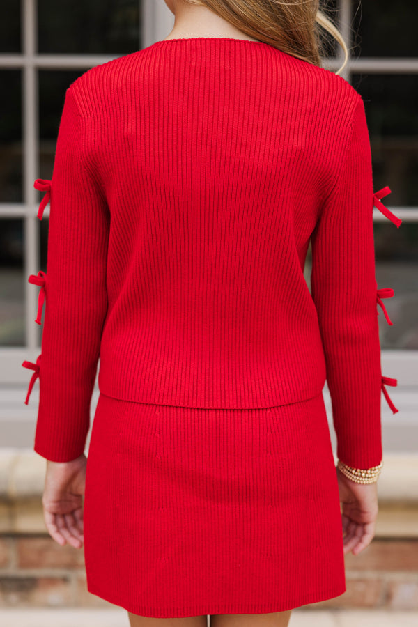 Girls: All Dolled Up Red Pearl Bow Sweater