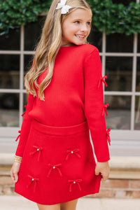 Girls: All Dolled Up Red Pearl Bow Sweater