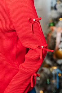 Polished In Pearls Red Bow Sweater