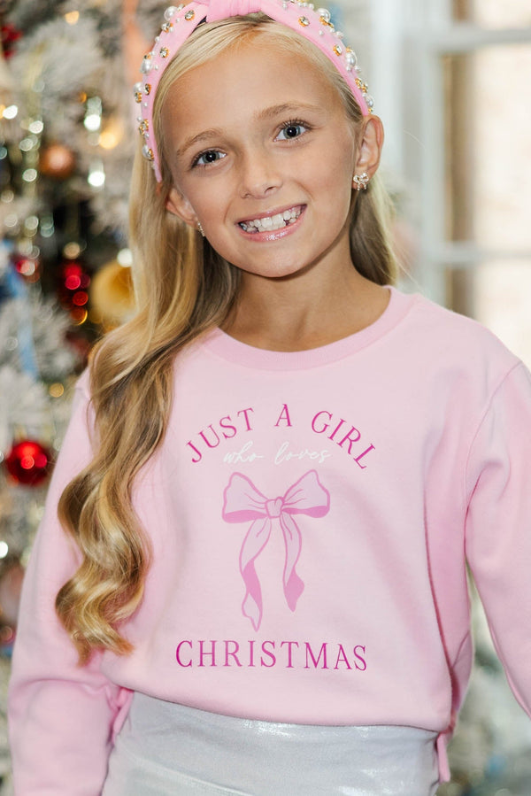 Girls: Just A Girl Who Loves Christmas Blush Pink Graphic Sweatshirt