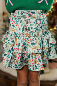 Girls: Take The Leap Mint Holly Printed Satin Skort