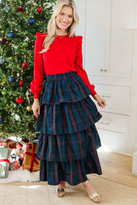 All The Gifts Navy Plaid Tiered Midi Skirt