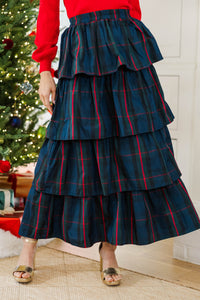 All The Gifts Navy Plaid Tiered Midi Skirt