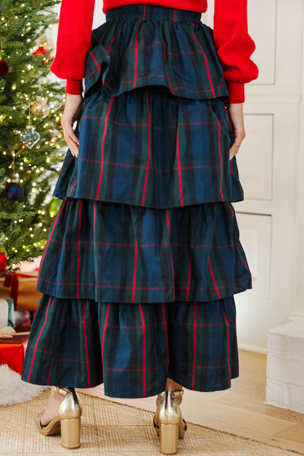 All The Gifts Navy Plaid Tiered Midi Skirt